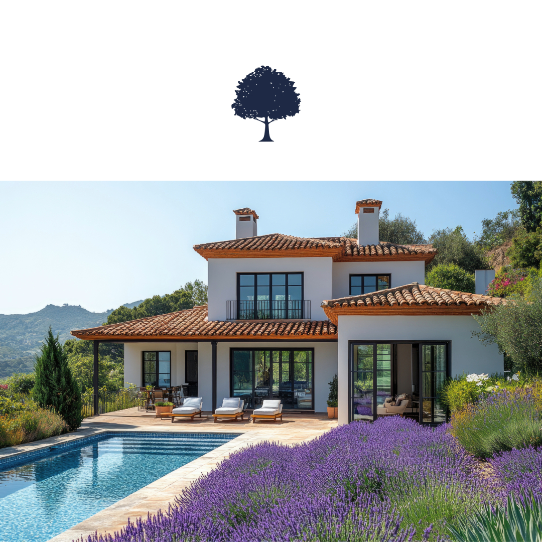 Luxury Mediterranean villa with a perfectly manicured garden and an elegant infinity pool in Marbella, Benahavís, and Sotogrande. The landscape features sculpted topiary, exotic plants, and premium outdoor furniture, creating a sophisticated and exclusive ambiance