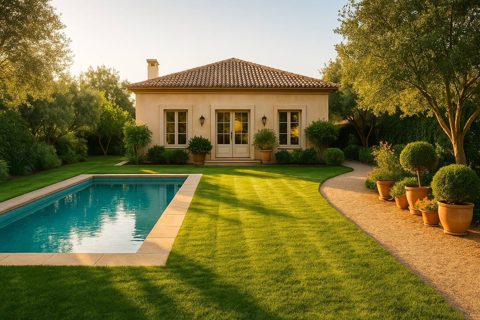 Mediterranean villa with manicured lawn, potted plants, and a clear pool in Marbella, prepared for sale by Cobalt Garden