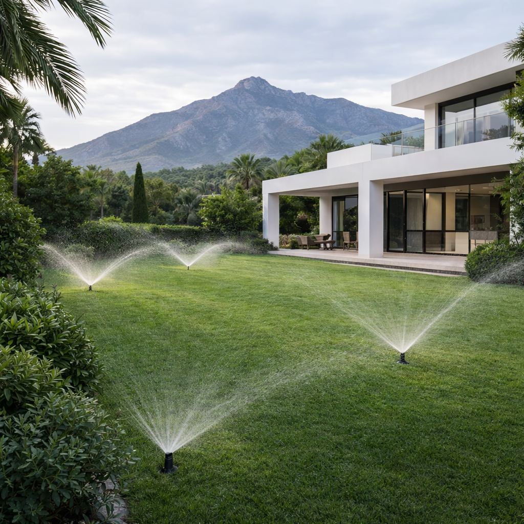 Spring irrigation system running in luxury villa garden in Marbella with La Concha mountain in background