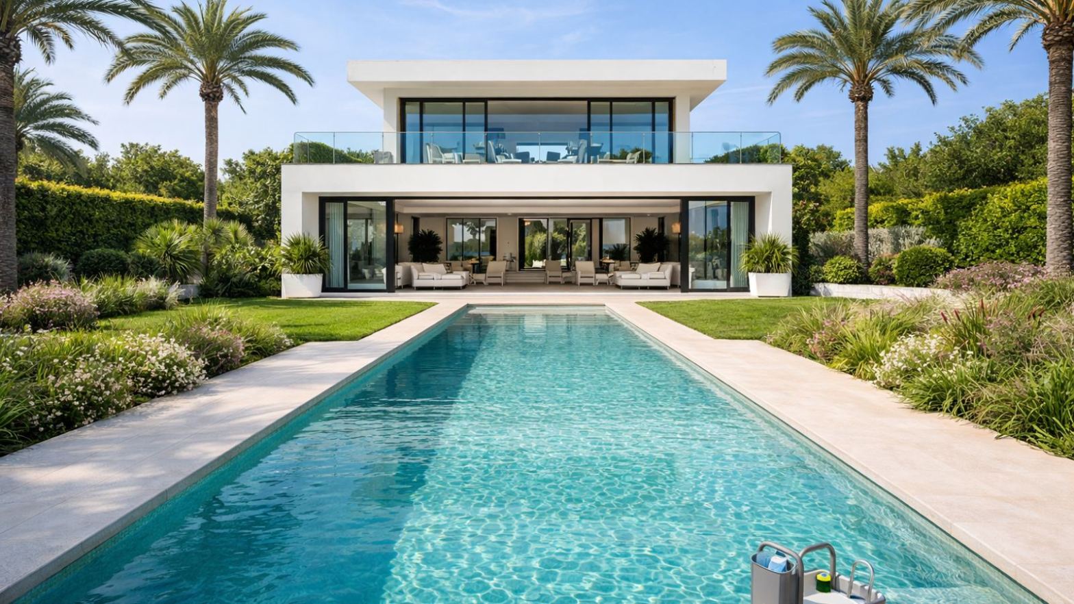 Modern luxury villa pool in Marbella with professional maintenance equipment and landscaped garden
