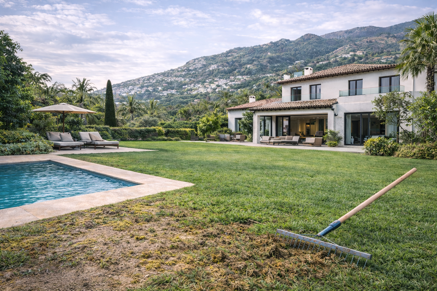 Winter lawn damage in luxury villa garden in Marbella with pool and hillside landscape
