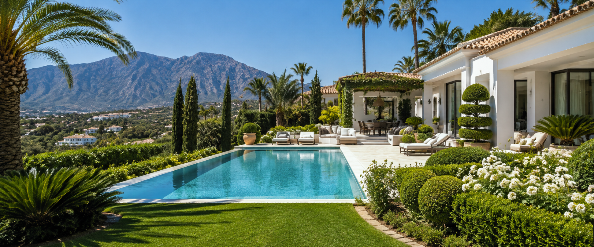 Luxury Mediterranean villa with swimming pool, landscaped garden and mountain views in Marbella and Benahavís