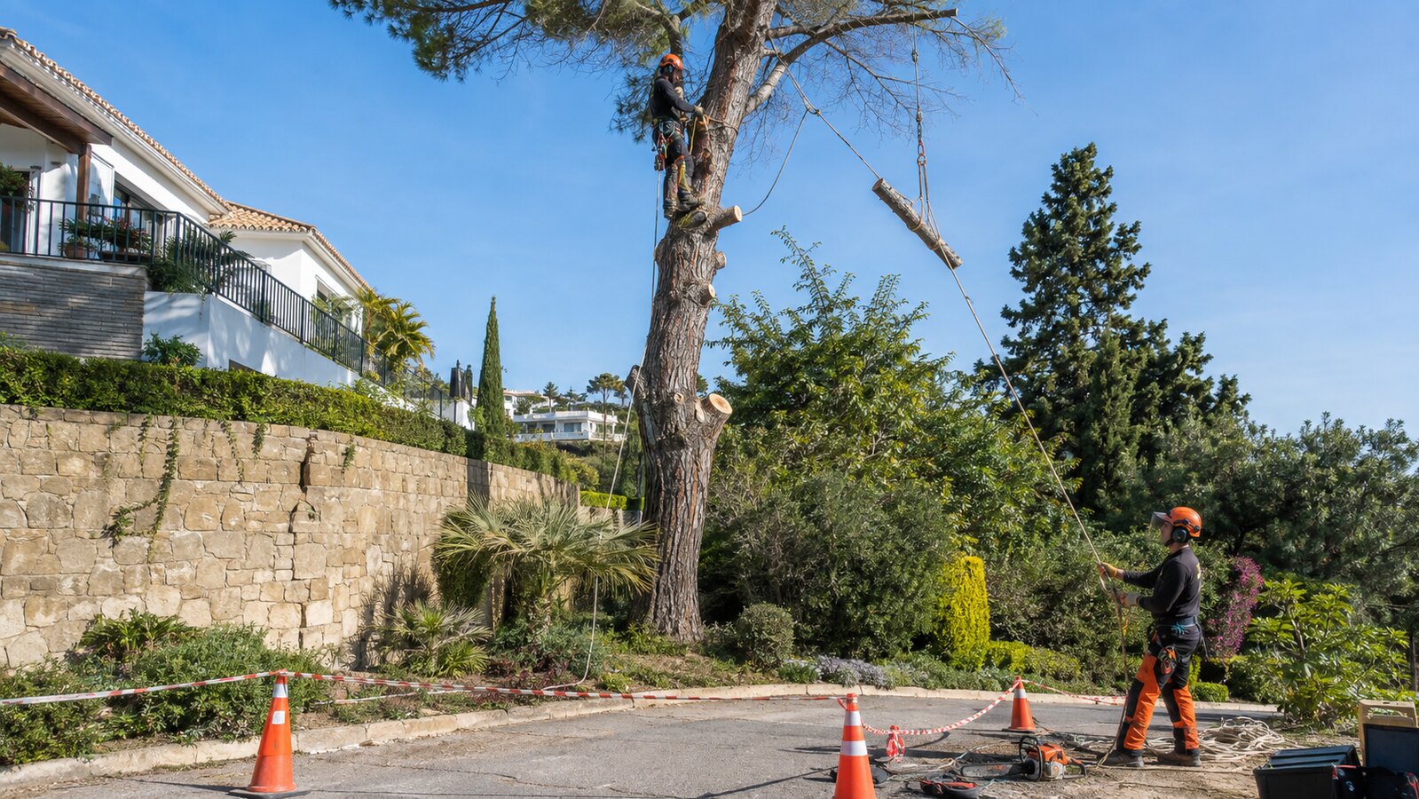Equipo cualificado realizando la tala controlada de un árbol problemático junto a una villa de Marbella